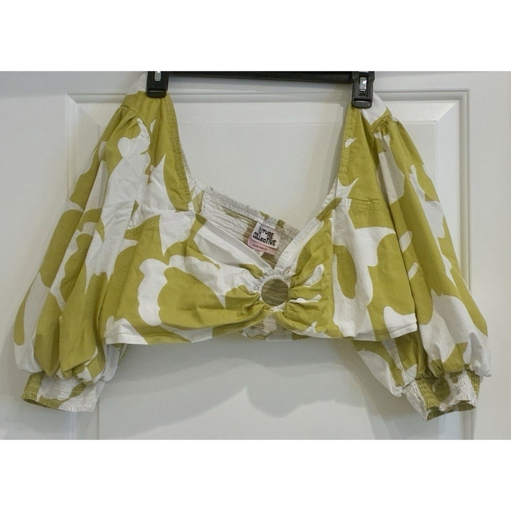 Future Collective Womens Cropped Puff Sleeve Top Green Tropical Print Size‎ XXL